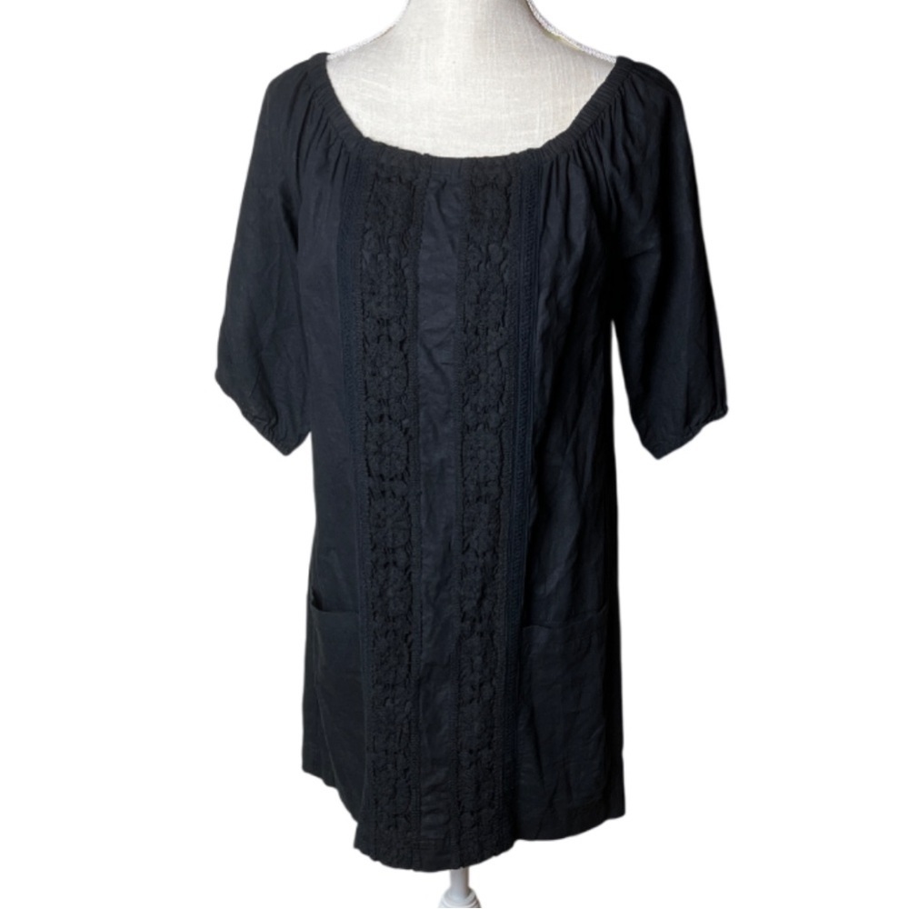 Anthropologie Mermaid Black Linen Blend Crochet Detail Mini Dress. Size XS.